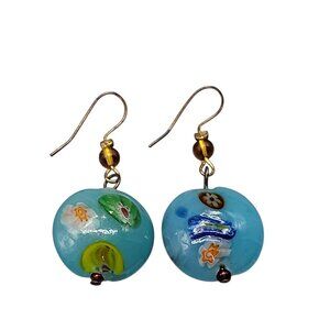Murano Style Millefiori Art Glass Dangling Earrings Blue w/Floral Bead Accents